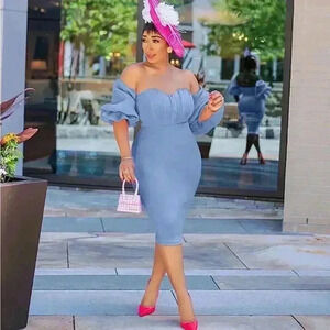 Pixi Off-Shoulder Lace-Up Back Dress Baby Blue